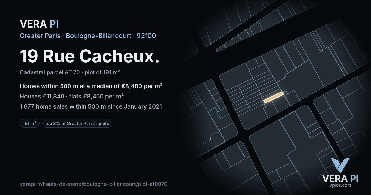 19 Rue Cacheux, Boulogne-Billancourt at night – the plot lit, the parcels around coloured by the prices near them