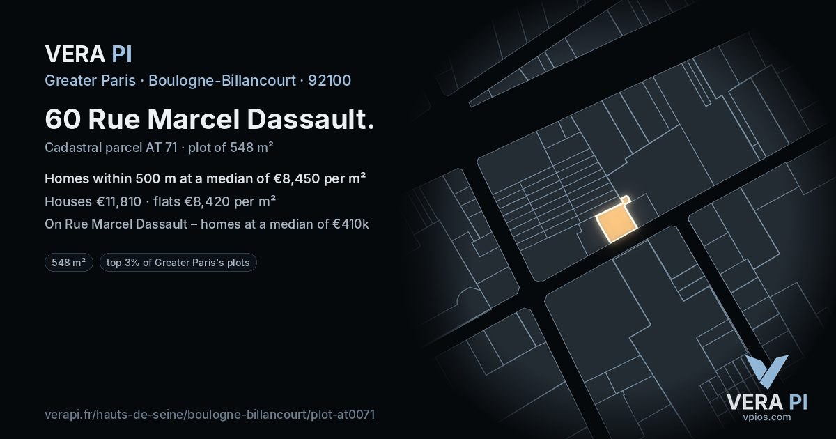 60 Rue Marcel Dassault, Boulogne-Billancourt at night – the plot lit, the parcels around coloured by the prices near them
