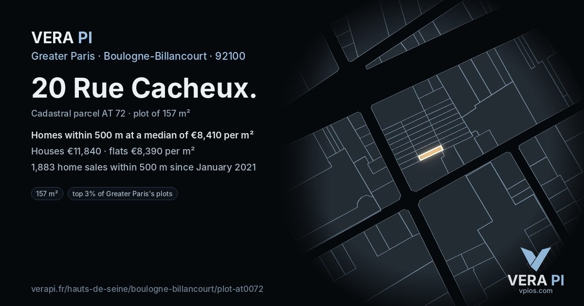 20 Rue Cacheux, Boulogne-Billancourt at night – the plot lit, the parcels around coloured by the prices near them