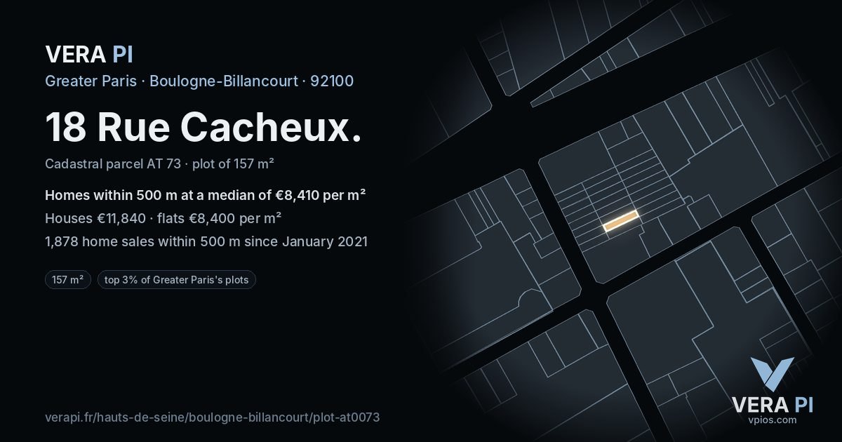 18 Rue Cacheux, Boulogne-Billancourt at night – the plot lit, the parcels around coloured by the prices near them