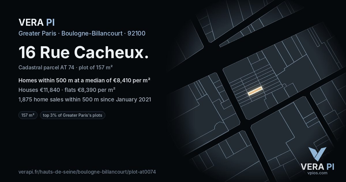 16 Rue Cacheux, Boulogne-Billancourt at night – the plot lit, the parcels around coloured by the prices near them