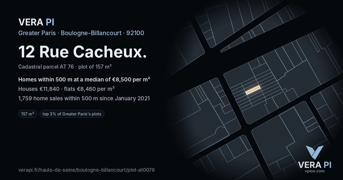 12 Rue Cacheux, Boulogne-Billancourt at night – the plot lit, the parcels around coloured by the prices near them
