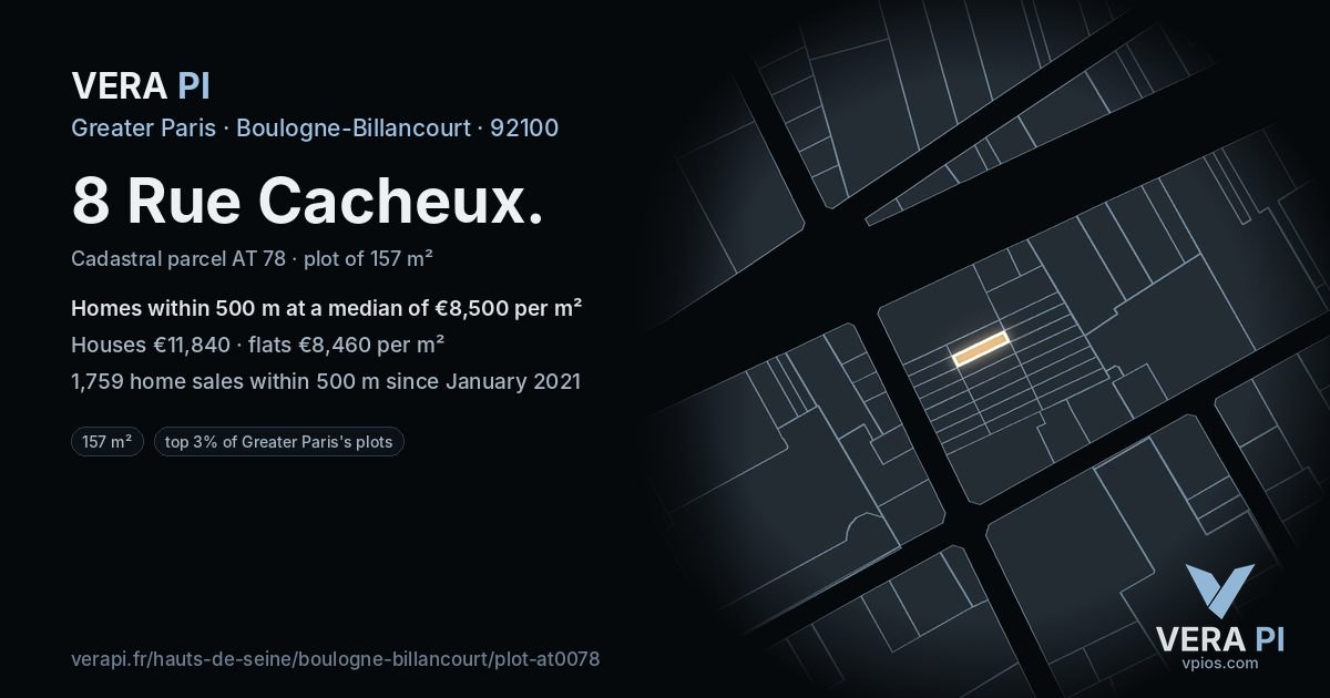 8 Rue Cacheux, Boulogne-Billancourt at night – the plot lit, the parcels around coloured by the prices near them
