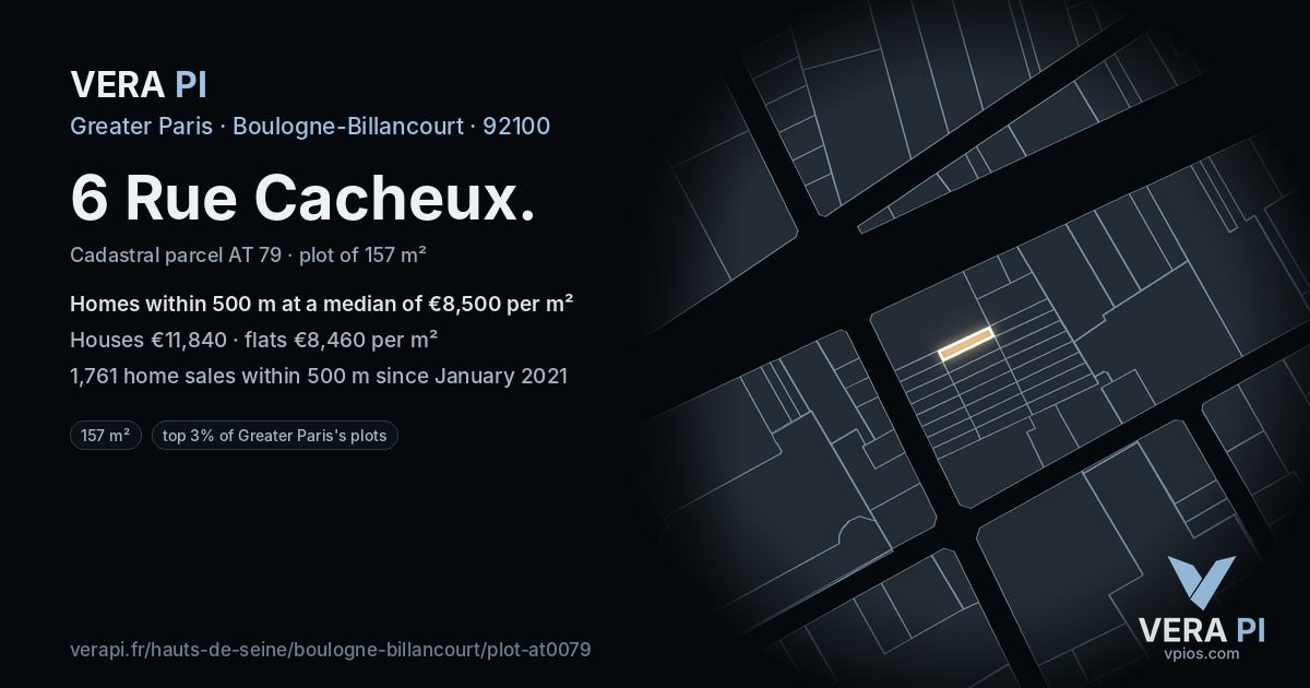 6 Rue Cacheux, Boulogne-Billancourt at night – the plot lit, the parcels around coloured by the prices near them