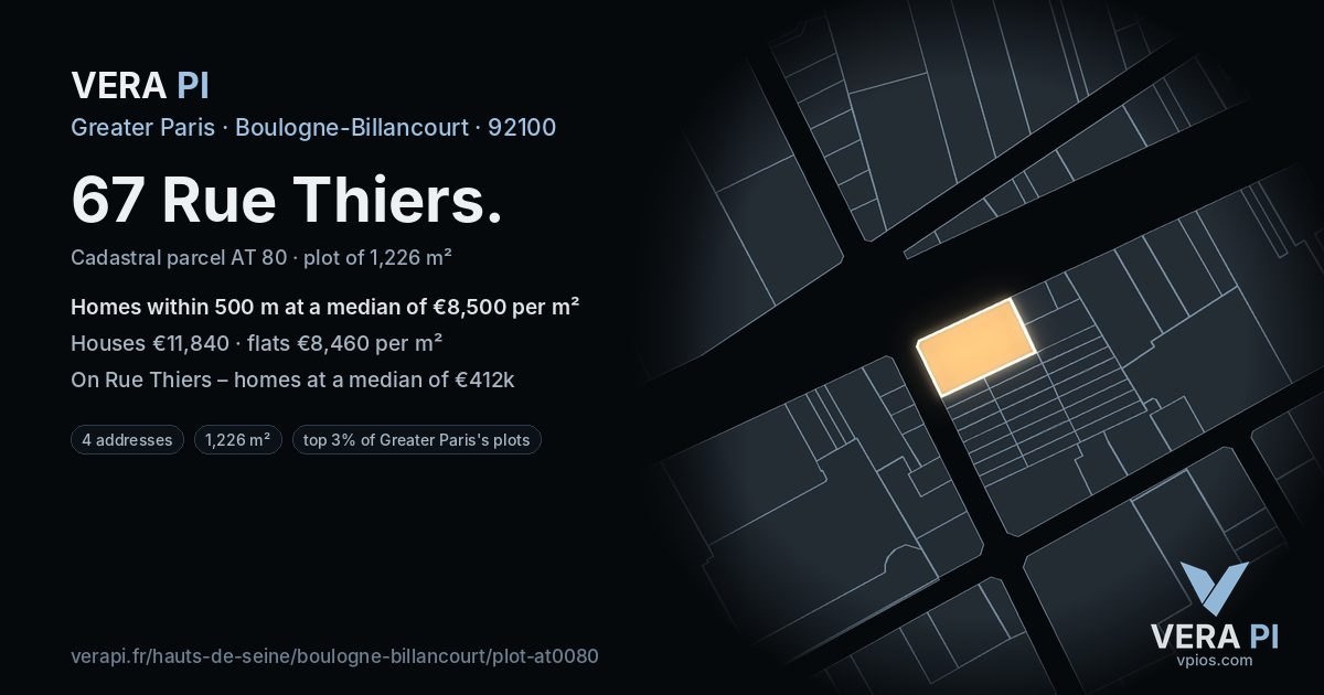 67 Rue Thiers, Boulogne-Billancourt at night – the plot lit, the parcels around coloured by the prices near them