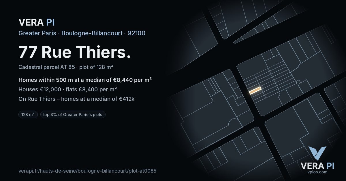 77 Rue Thiers, Boulogne-Billancourt at night – the plot lit, the parcels around coloured by the prices near them
