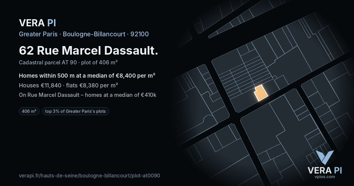 62 Rue Marcel Dassault, Boulogne-Billancourt at night – the plot lit, the parcels around coloured by the prices near them