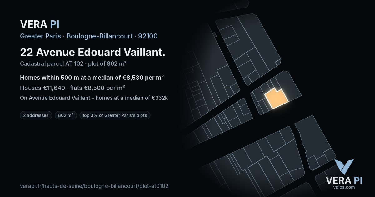 22 Avenue Edouard Vaillant, Boulogne-Billancourt at night – the plot lit, the parcels around coloured by the prices near them