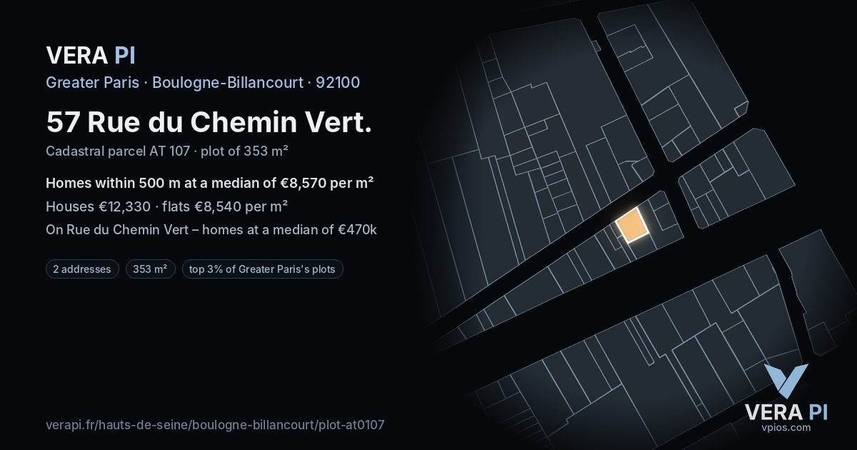 57 Rue du Chemin Vert, Boulogne-Billancourt at night – the plot lit, the parcels around coloured by the prices near them