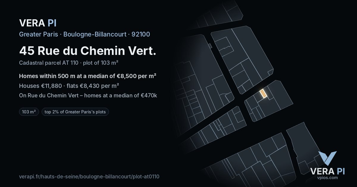 45 Rue du Chemin Vert, Boulogne-Billancourt at night – the plot lit, the parcels around coloured by the prices near them