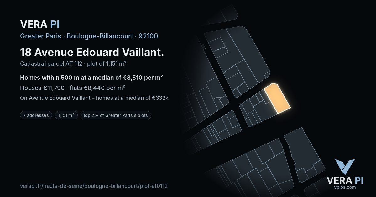18 Avenue Edouard Vaillant, Boulogne-Billancourt at night – the plot lit, the parcels around coloured by the prices near them