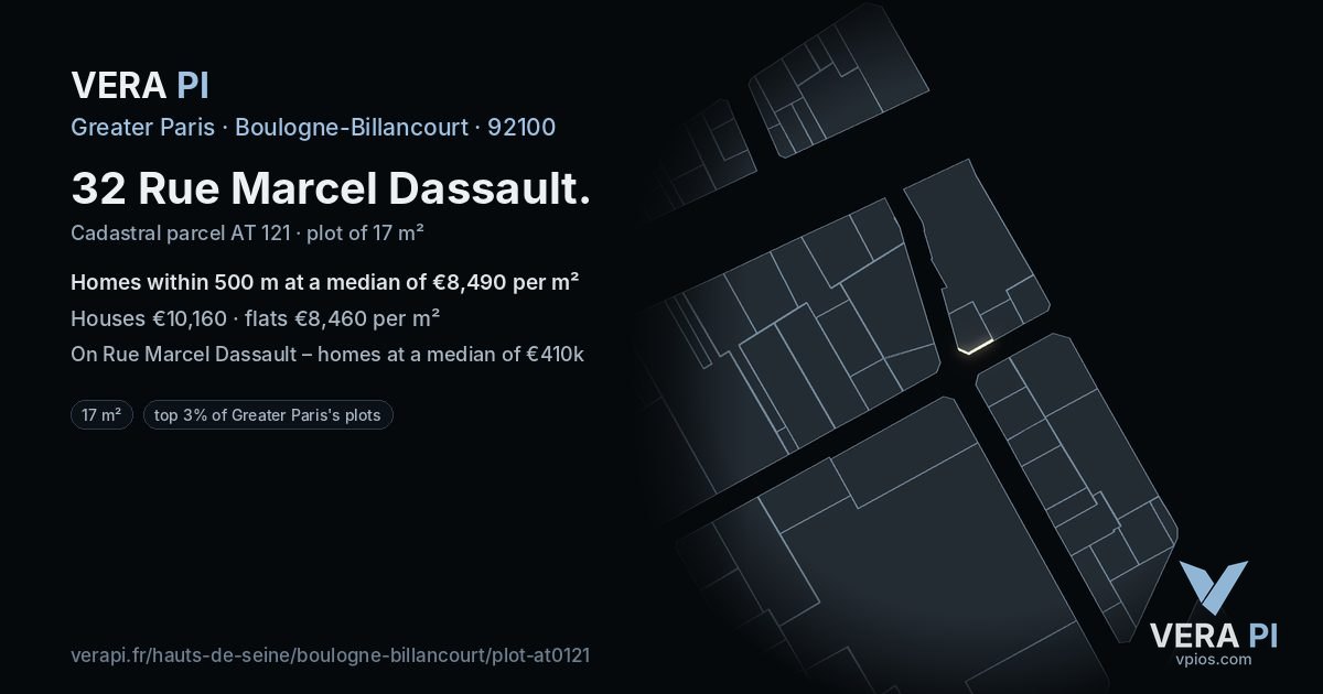 32 Rue Marcel Dassault, Boulogne-Billancourt at night – the plot lit, the parcels around coloured by the prices near them