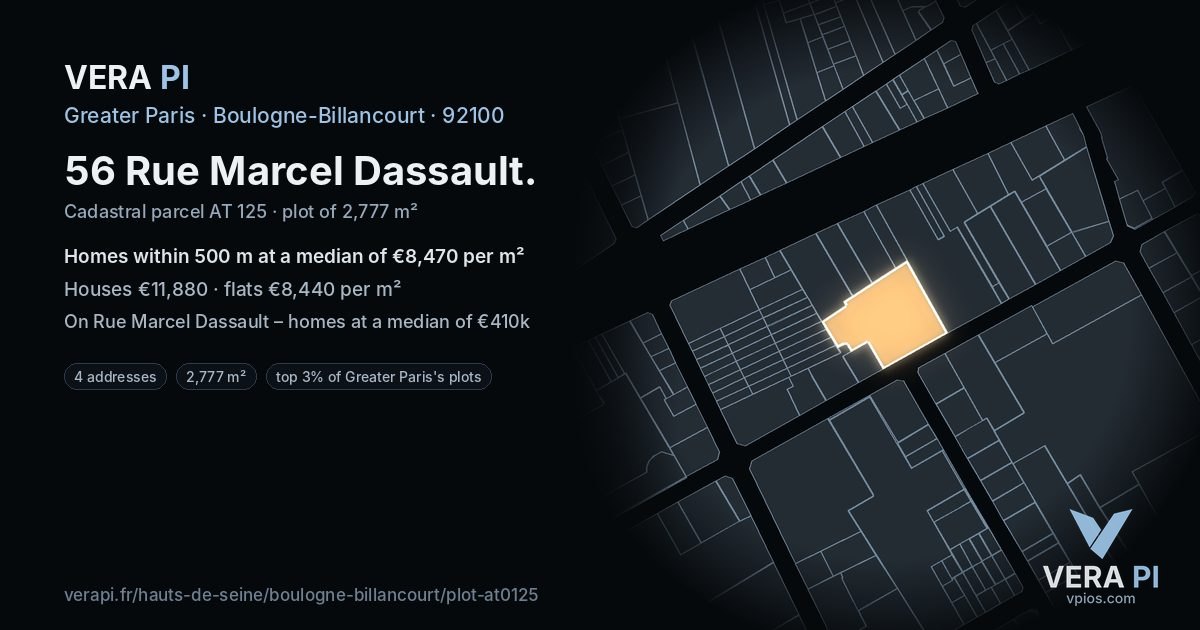 56 Rue Marcel Dassault, Boulogne-Billancourt at night – the plot lit, the parcels around coloured by the prices near them