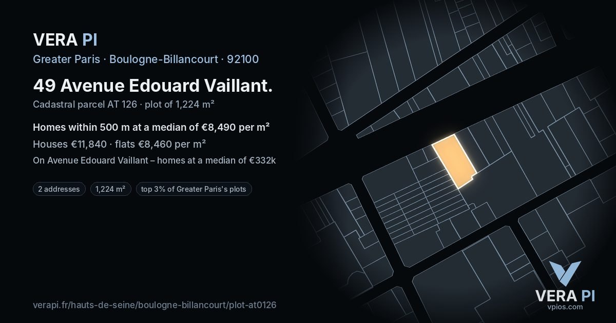 49 Avenue Edouard Vaillant, Boulogne-Billancourt at night – the plot lit, the parcels around coloured by the prices near them