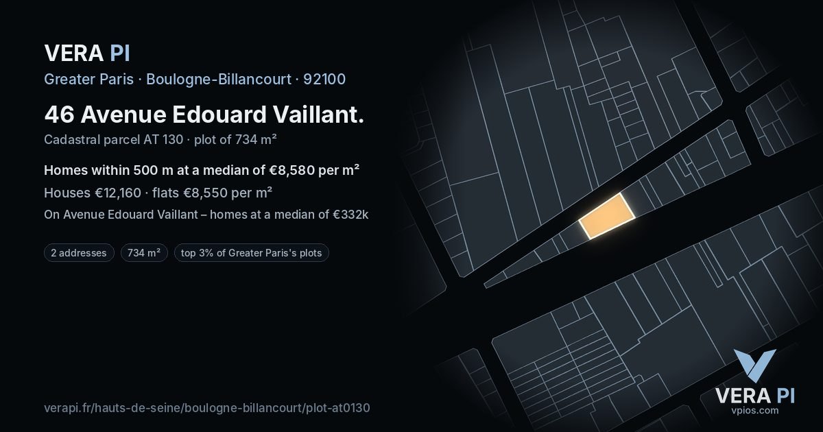 46 Avenue Edouard Vaillant, Boulogne-Billancourt at night – the plot lit, the parcels around coloured by the prices near them