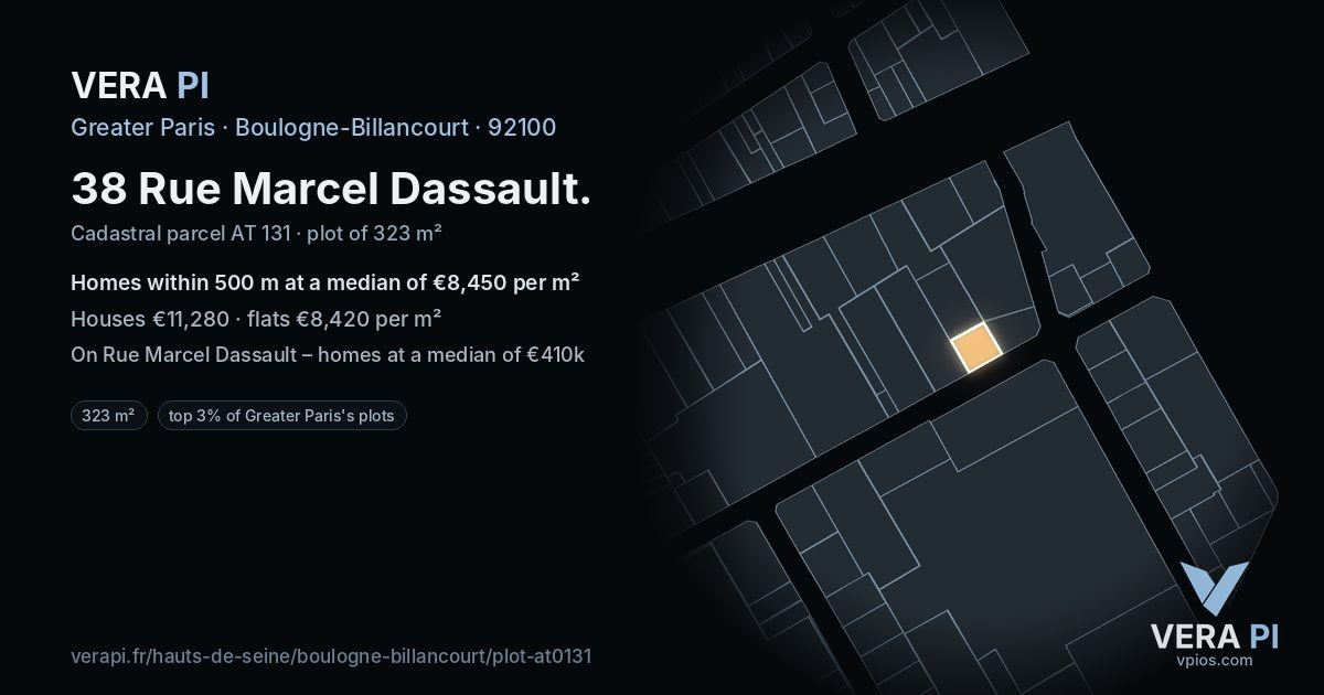 38 Rue Marcel Dassault, Boulogne-Billancourt at night – the plot lit, the parcels around coloured by the prices near them