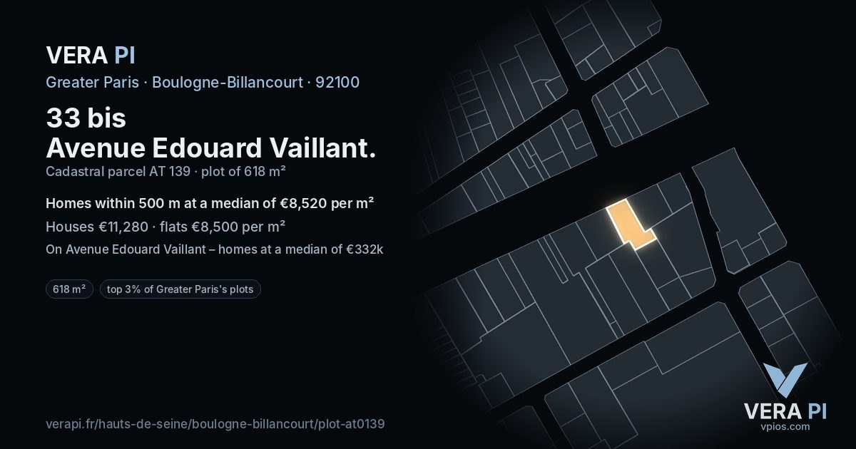33 bis Avenue Edouard Vaillant, Boulogne-Billancourt at night – the plot lit, the parcels around coloured by the prices near them