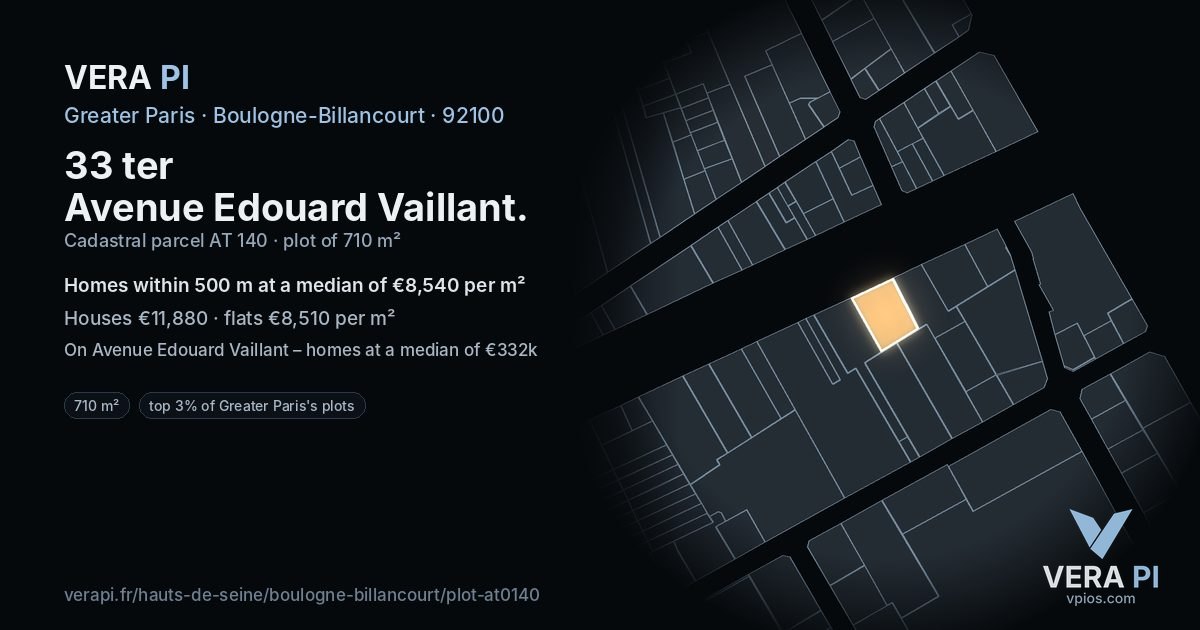 33 ter Avenue Edouard Vaillant, Boulogne-Billancourt at night – the plot lit, the parcels around coloured by the prices near them