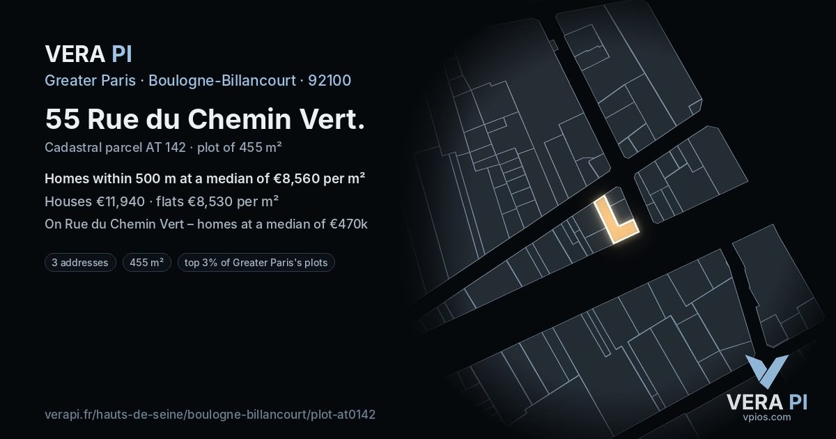 55 Rue du Chemin Vert, Boulogne-Billancourt at night – the plot lit, the parcels around coloured by the prices near them