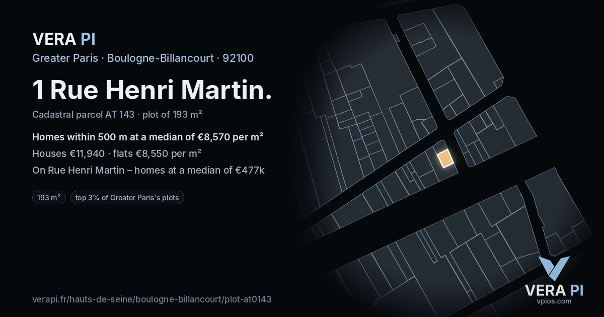 1 Rue Henri Martin, Boulogne-Billancourt at night – the plot lit, the parcels around coloured by the prices near them