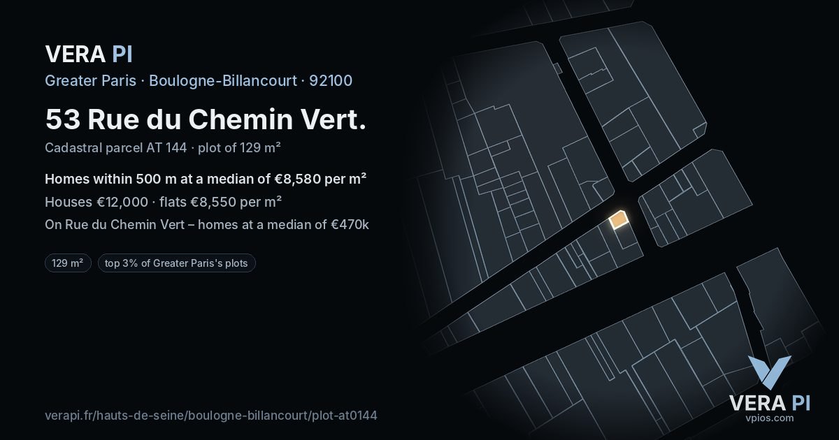 53 Rue du Chemin Vert, Boulogne-Billancourt at night – the plot lit, the parcels around coloured by the prices near them