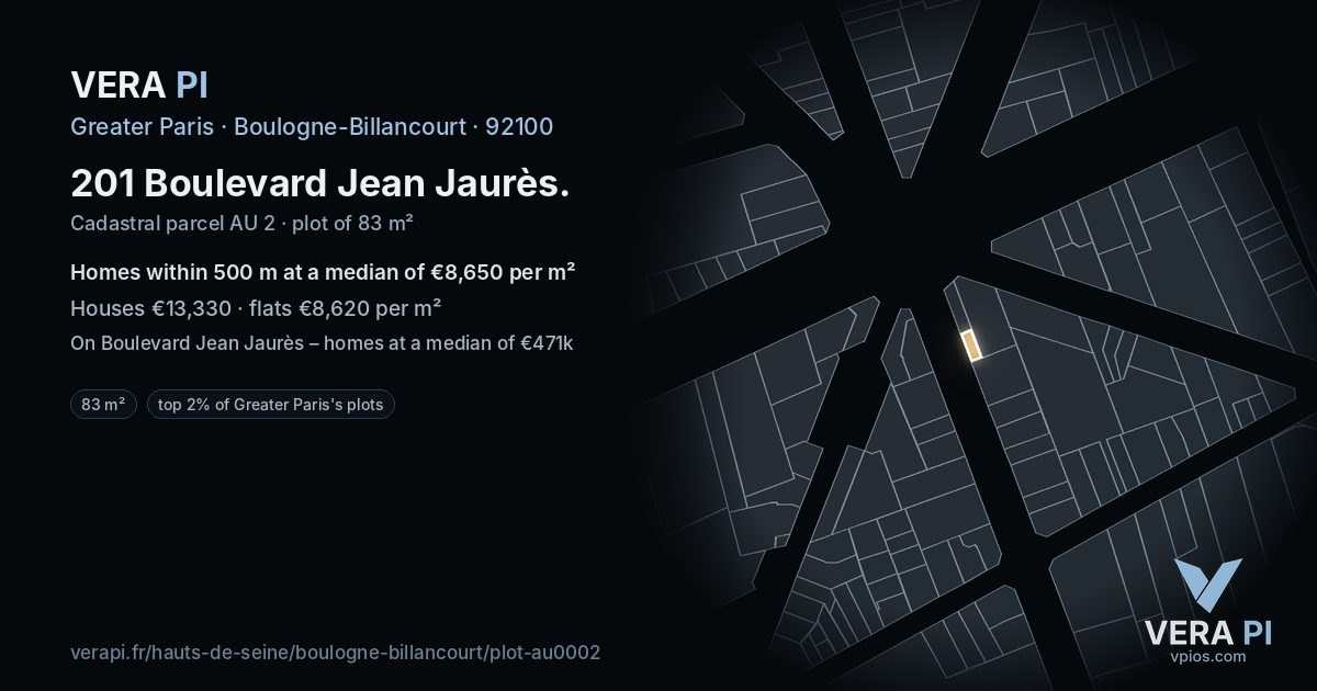 201 Boulevard Jean Jaurès, Boulogne-Billancourt at night – the plot lit, the parcels around coloured by the prices near them