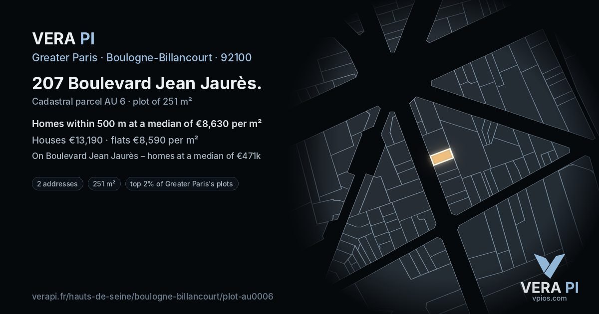 207 Boulevard Jean Jaurès, Boulogne-Billancourt at night – the plot lit, the parcels around coloured by the prices near them