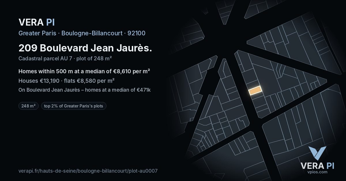 209 Boulevard Jean Jaurès, Boulogne-Billancourt at night – the plot lit, the parcels around coloured by the prices near them
