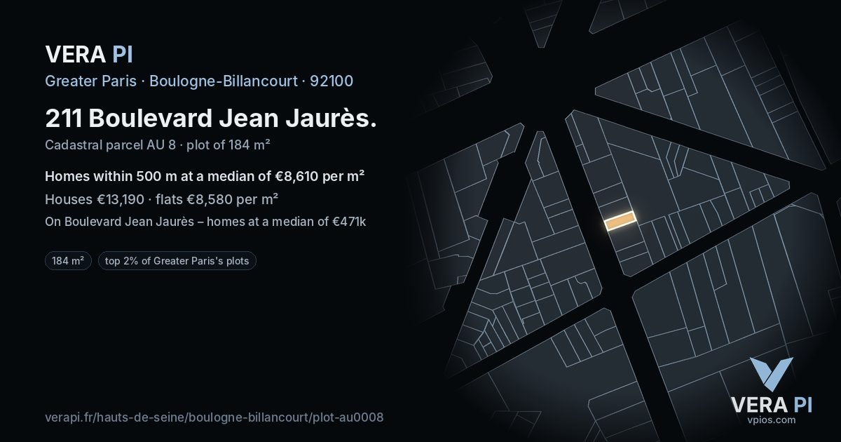 211 Boulevard Jean Jaurès, Boulogne-Billancourt at night – the plot lit, the parcels around coloured by the prices near them