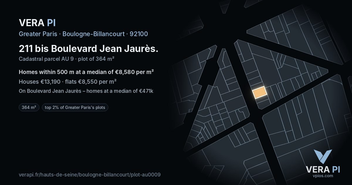 211 bis Boulevard Jean Jaurès, Boulogne-Billancourt at night – the plot lit, the parcels around coloured by the prices near them