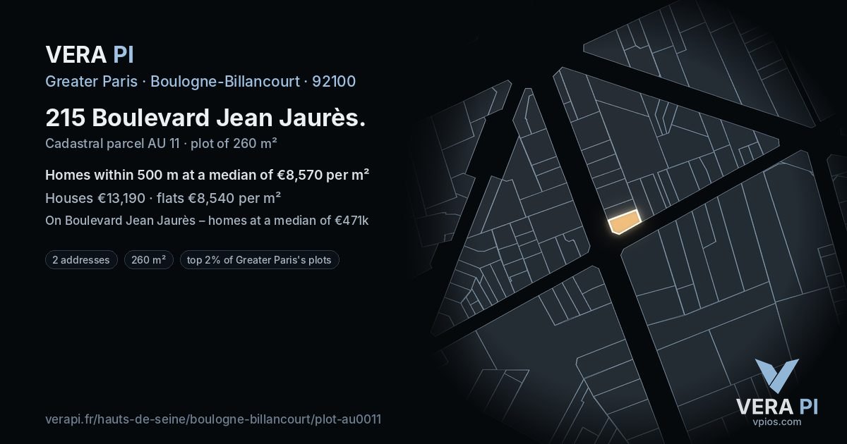 215 Boulevard Jean Jaurès, Boulogne-Billancourt at night – the plot lit, the parcels around coloured by the prices near them