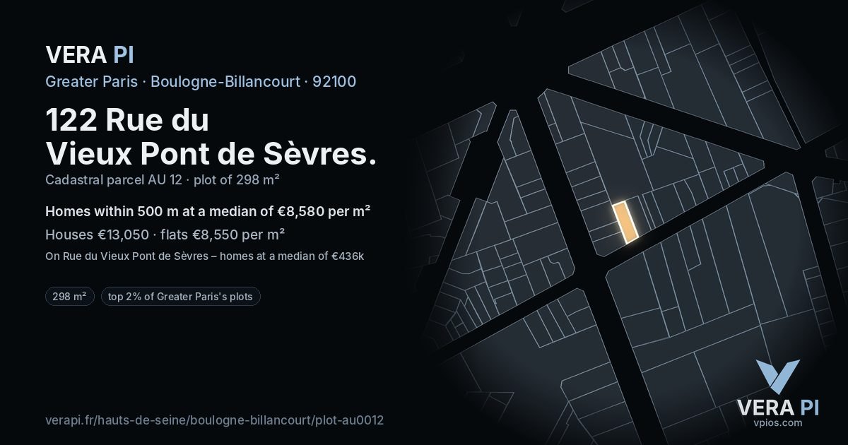 122 Rue du Vieux Pont de Sèvres, Boulogne-Billancourt at night – the plot lit, the parcels around coloured by the prices near them