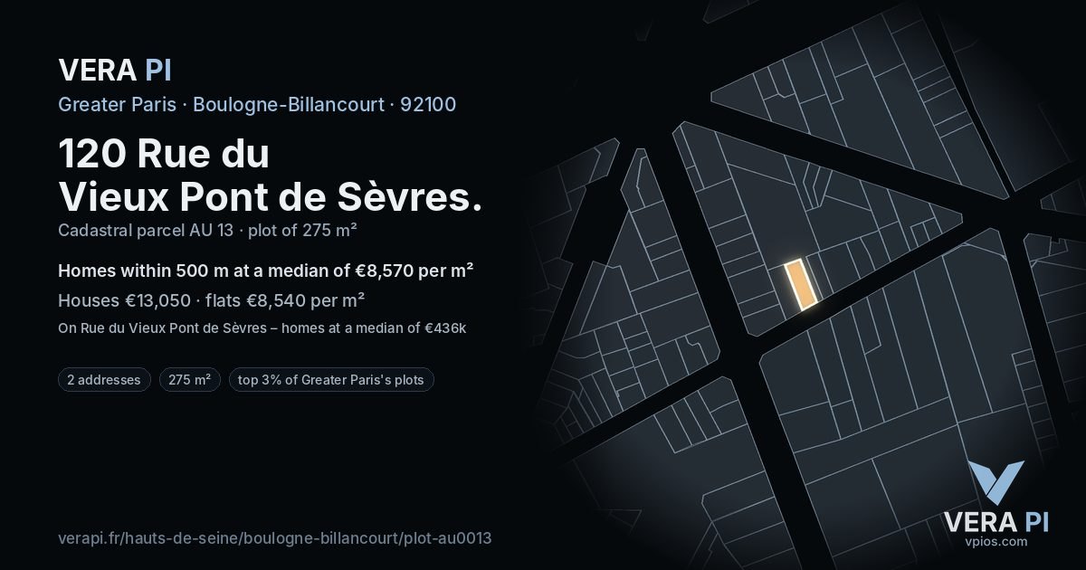 120 Rue du Vieux Pont de Sèvres, Boulogne-Billancourt at night – the plot lit, the parcels around coloured by the prices near them