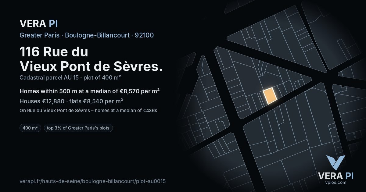 116 Rue du Vieux Pont de Sèvres, Boulogne-Billancourt at night – the plot lit, the parcels around coloured by the prices near them