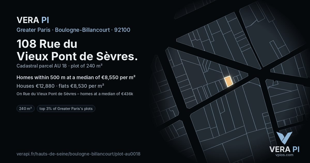 108 Rue du Vieux Pont de Sèvres, Boulogne-Billancourt at night – the plot lit, the parcels around coloured by the prices near them