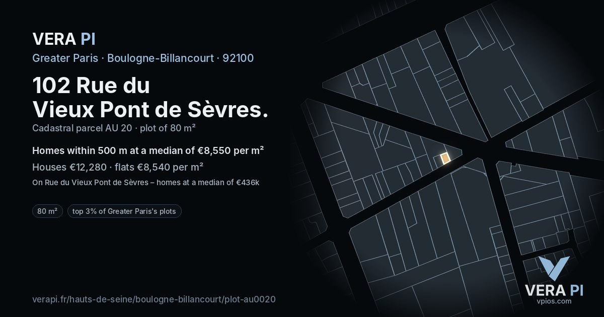 102 Rue du Vieux Pont de Sèvres, Boulogne-Billancourt at night – the plot lit, the parcels around coloured by the prices near them