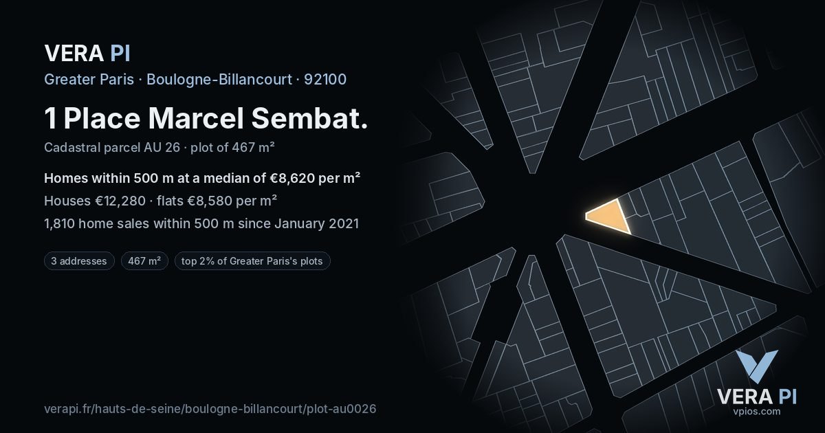 1 Place Marcel Sembat, Boulogne-Billancourt at night – the plot lit, the parcels around coloured by the prices near them
