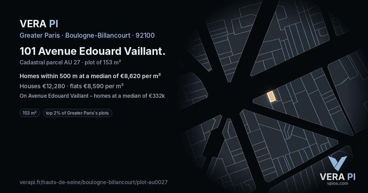 101 Avenue Edouard Vaillant, Boulogne-Billancourt at night – the plot lit, the parcels around coloured by the prices near them