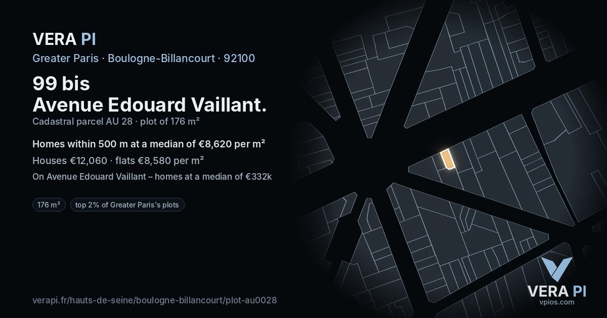 99 bis Avenue Edouard Vaillant, Boulogne-Billancourt at night – the plot lit, the parcels around coloured by the prices near them