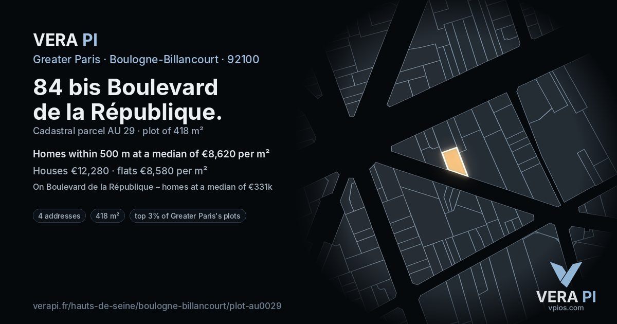 84 bis Boulevard de la République, Boulogne-Billancourt at night – the plot lit, the parcels around coloured by the prices near them