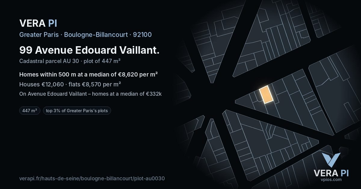 99 Avenue Edouard Vaillant, Boulogne-Billancourt at night – the plot lit, the parcels around coloured by the prices near them
