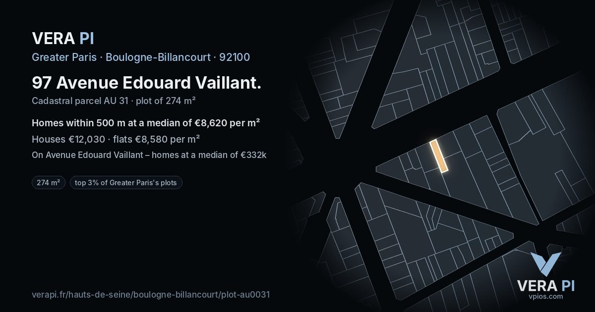 97 Avenue Edouard Vaillant, Boulogne-Billancourt at night – the plot lit, the parcels around coloured by the prices near them