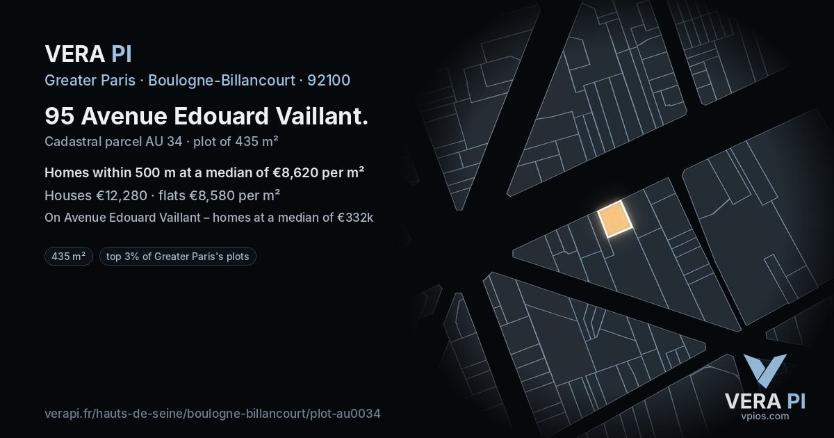 95 Avenue Edouard Vaillant, Boulogne-Billancourt at night – the plot lit, the parcels around coloured by the prices near them