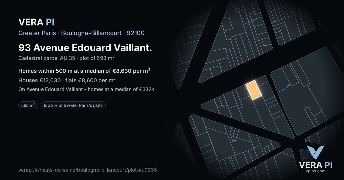 93 Avenue Edouard Vaillant, Boulogne-Billancourt at night – the plot lit, the parcels around coloured by the prices near them