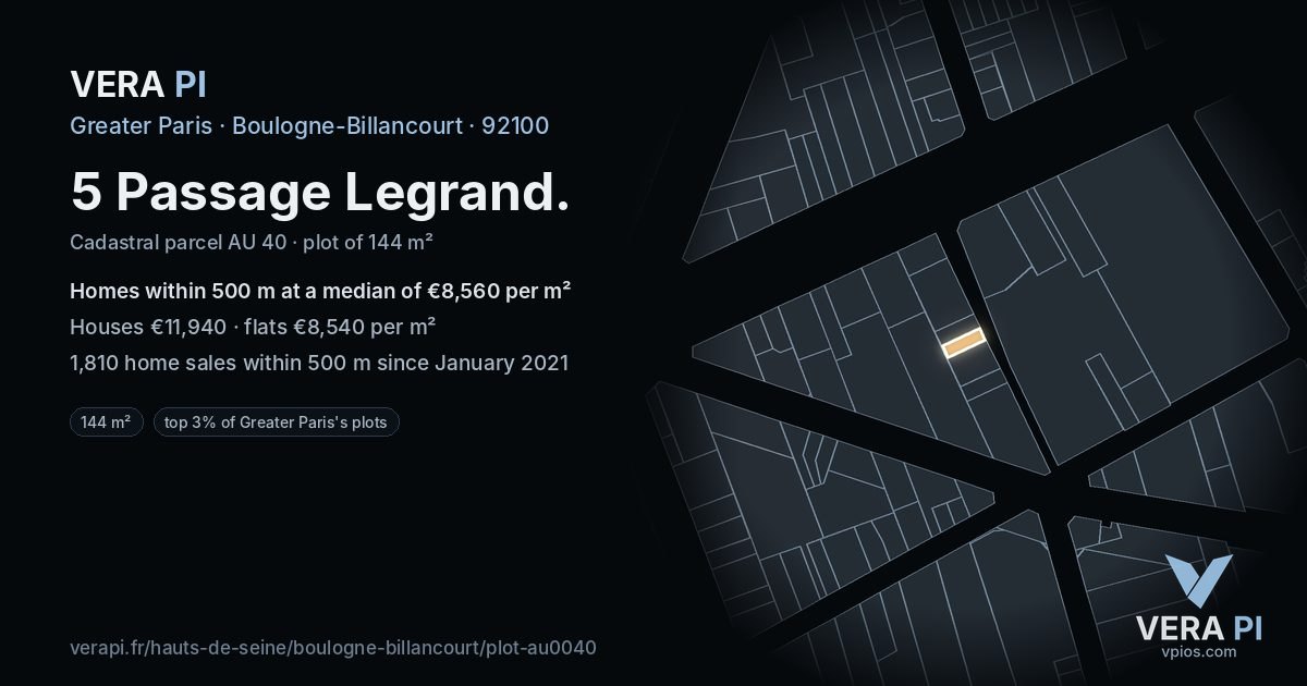 5 Passage Legrand, Boulogne-Billancourt at night – the plot lit, the parcels around coloured by the prices near them