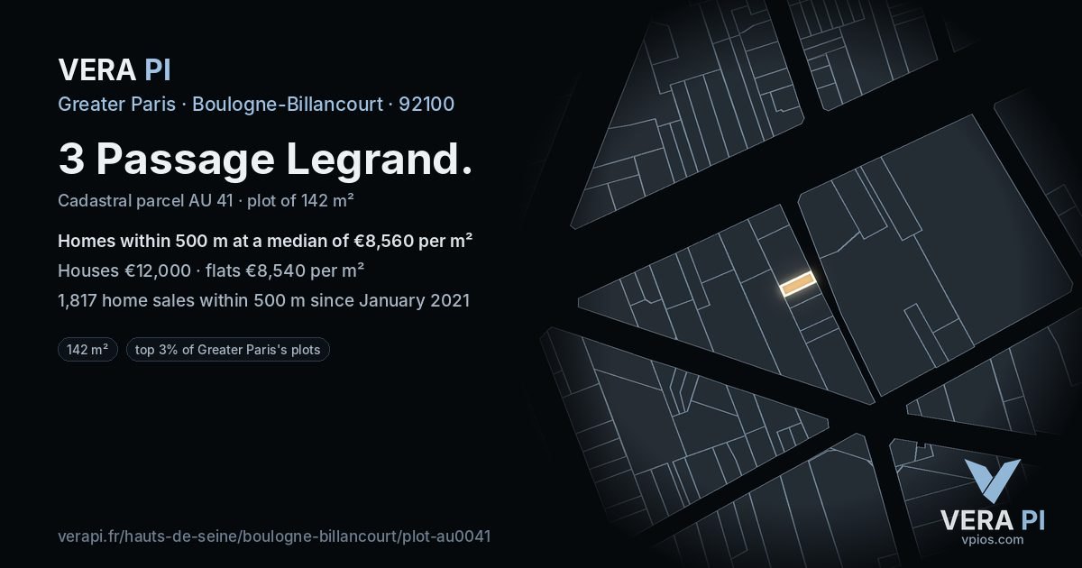 3 Passage Legrand, Boulogne-Billancourt at night – the plot lit, the parcels around coloured by the prices near them