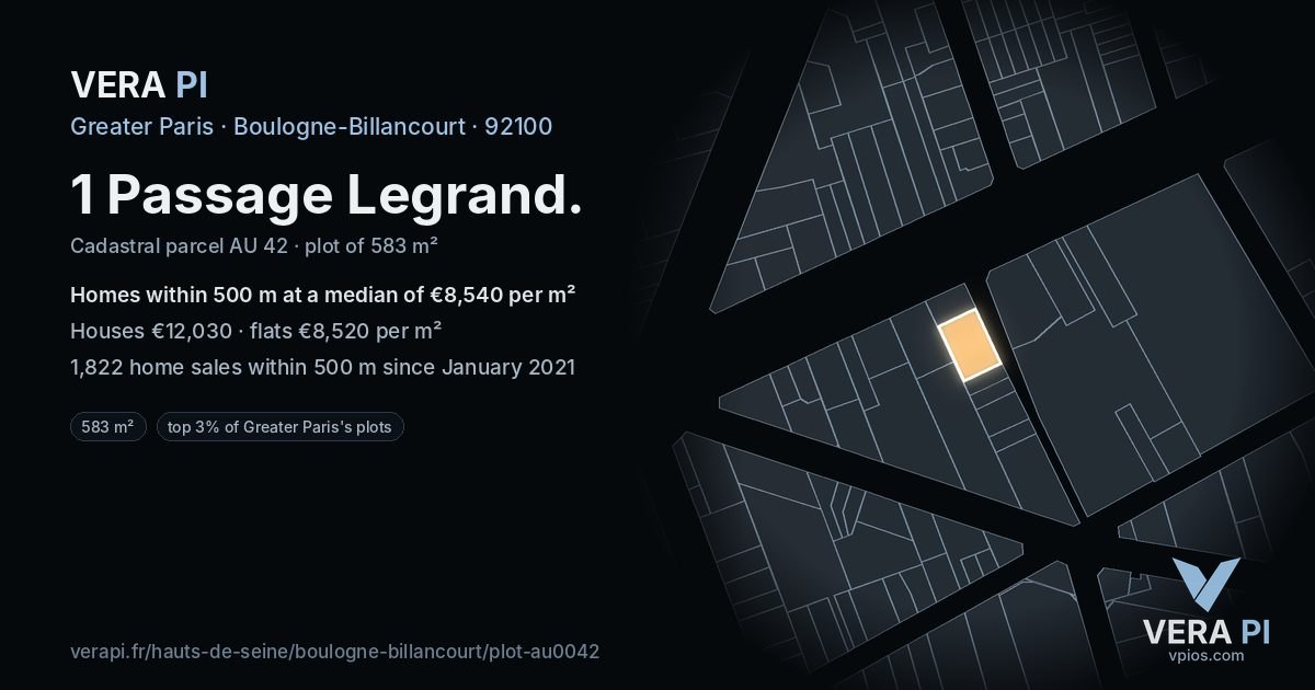 1 Passage Legrand, Boulogne-Billancourt at night – the plot lit, the parcels around coloured by the prices near them