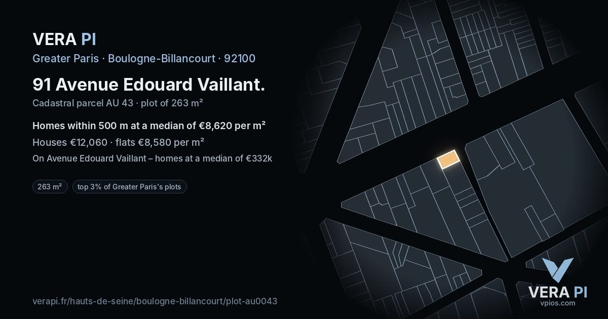 91 Avenue Edouard Vaillant, Boulogne-Billancourt at night – the plot lit, the parcels around coloured by the prices near them