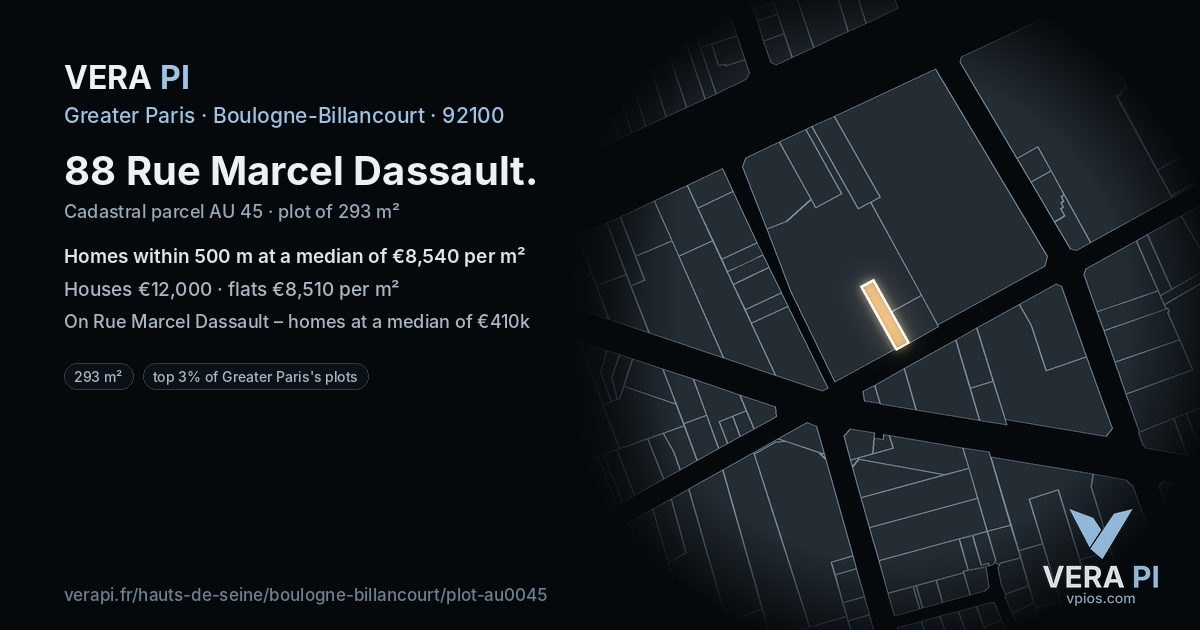 88 Rue Marcel Dassault, Boulogne-Billancourt at night – the plot lit, the parcels around coloured by the prices near them