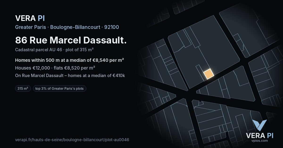 86 Rue Marcel Dassault, Boulogne-Billancourt at night – the plot lit, the parcels around coloured by the prices near them